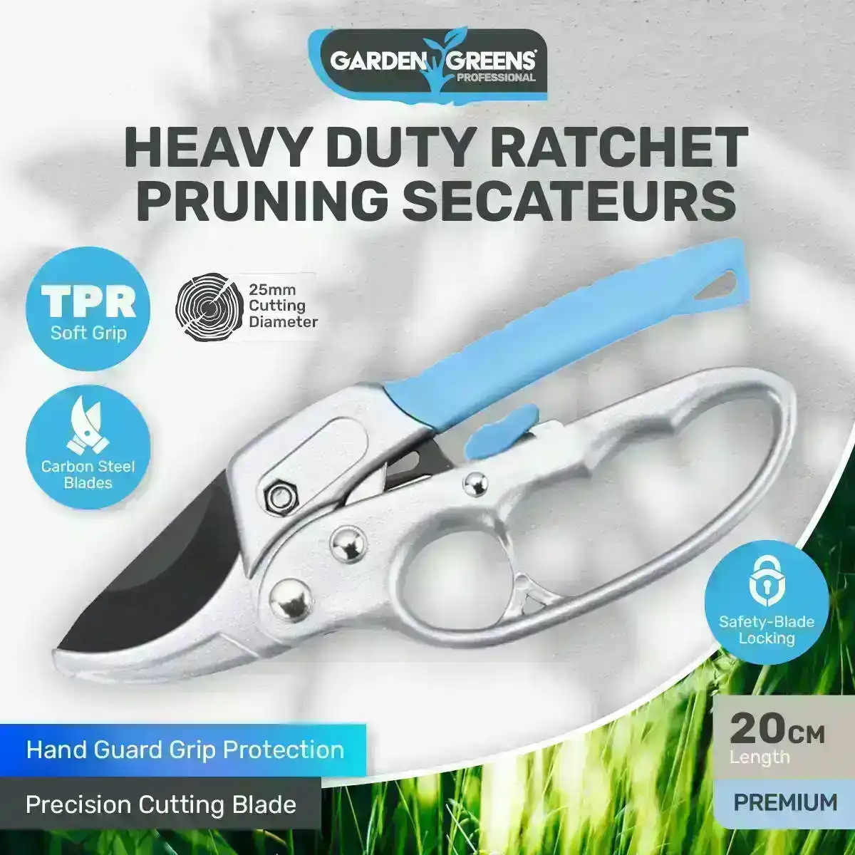 Garden Greens® Ratchet Pruning Secateur Lockable Premium Quality Blades 20cm