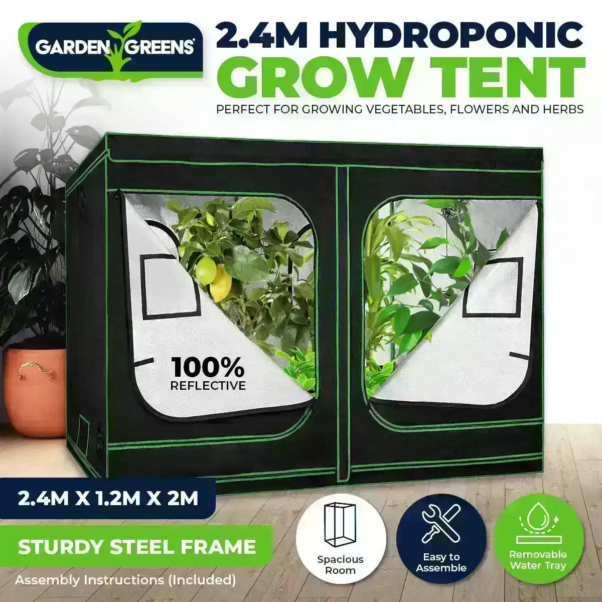 Garden Greens® Grow Tent Kits 2.4m x 1.2m x 2m Hydroponics Indoor Grow System