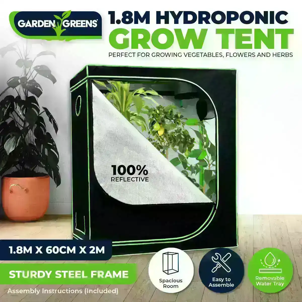 Garden Greens® 1.8m x 2m Hydroponic Grow Tent Sturdy Reflective Oxford Fabric