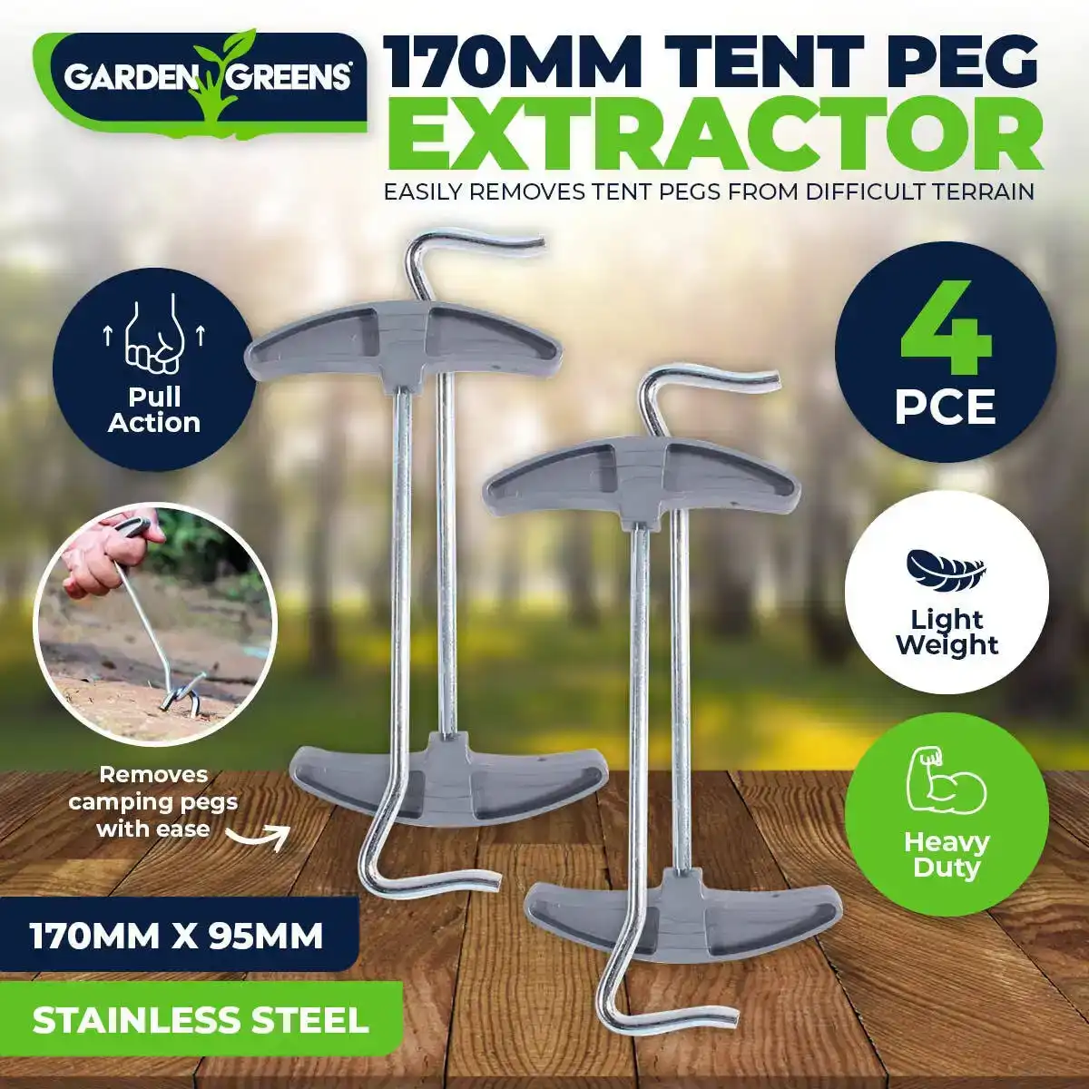 Garden Greens® 4PCE Tent Peg Extractor Pull Action Remove Weather Proof 170mm