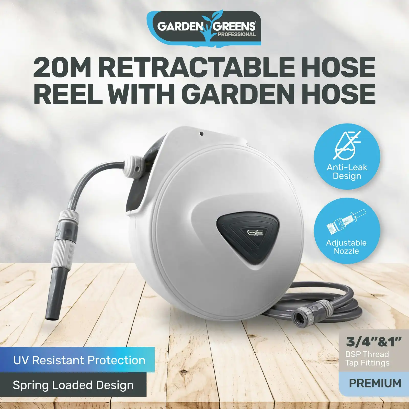 Garden Greens® 20m Retractable Hose Reel Spring Loaded Swivel & Rewind Design