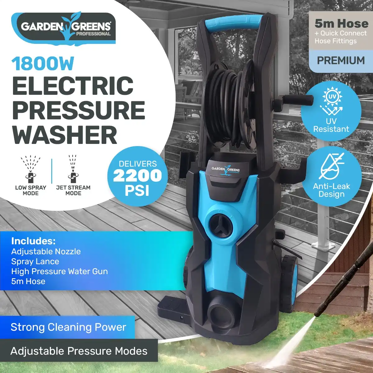 Garden Greens® 1800W Electric Pressure Washer Adjustable Modes 2200PSI
