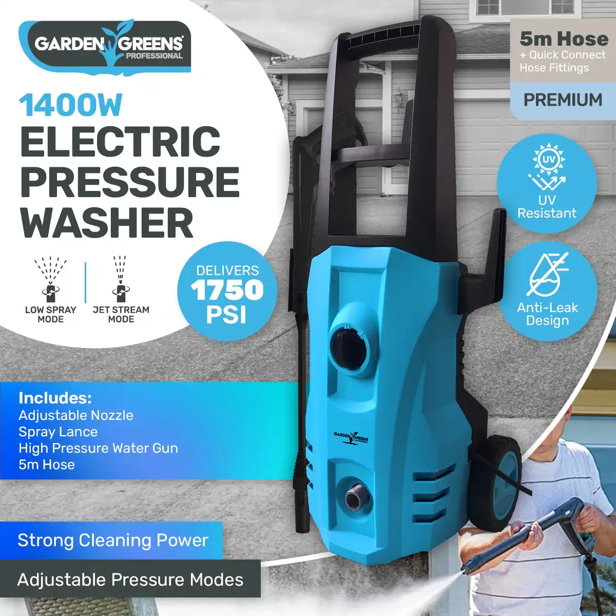 Garden Greens® 1400W Electric Pressure Washer Adjustable Modes 1750PSI