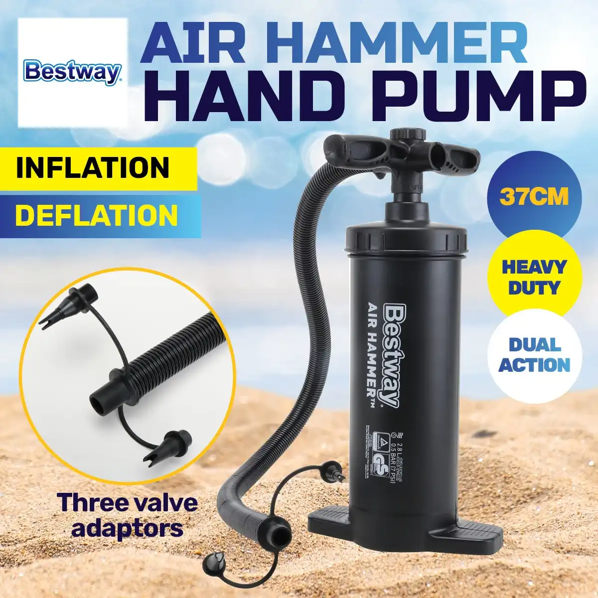 Bestway® Air Hammer Inflation Pump 3 Valve Adaptors 37cm