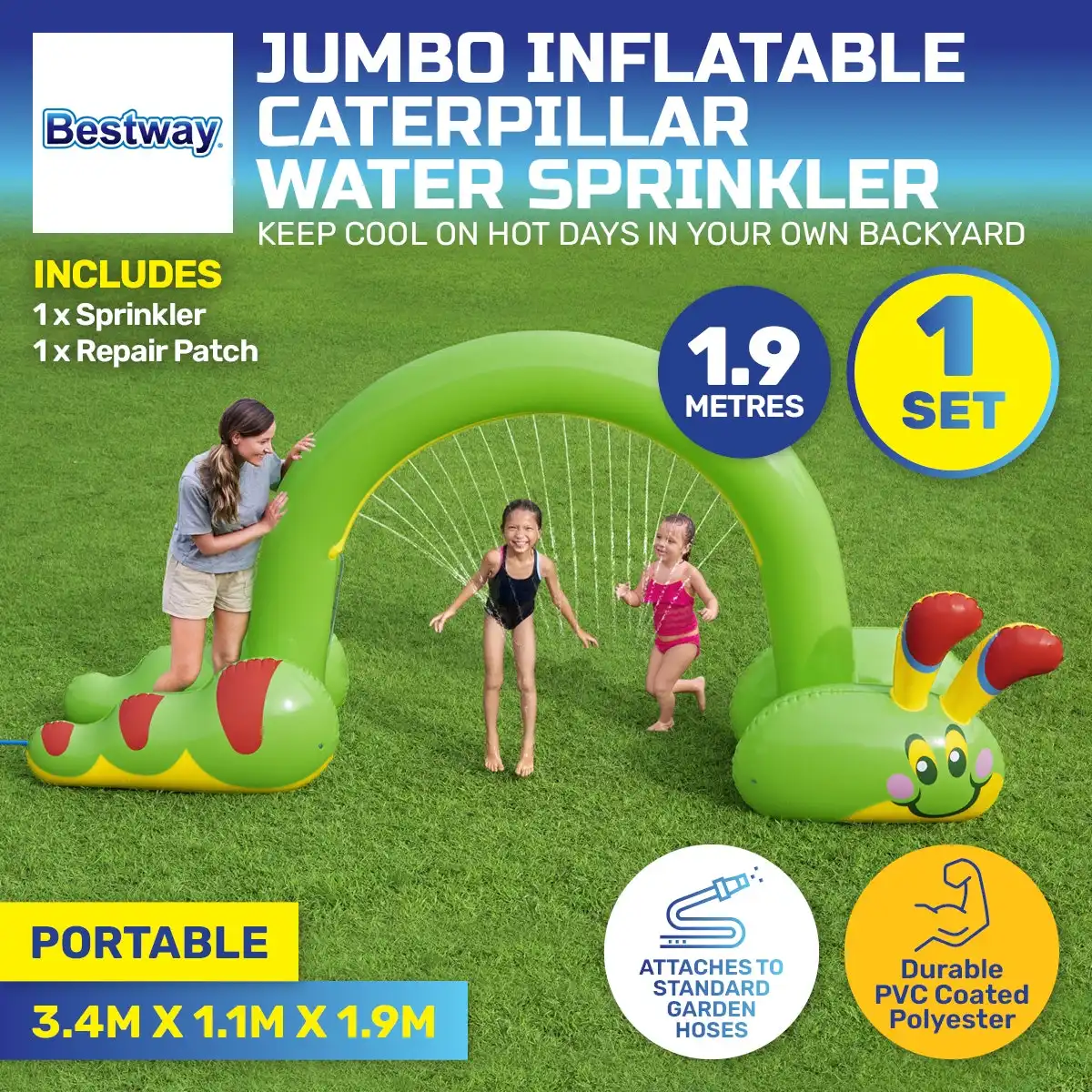Bestway® Inflatable Caterpillar Sprinkler Jumbo Sized Bright Design 3.4 x 1.9m