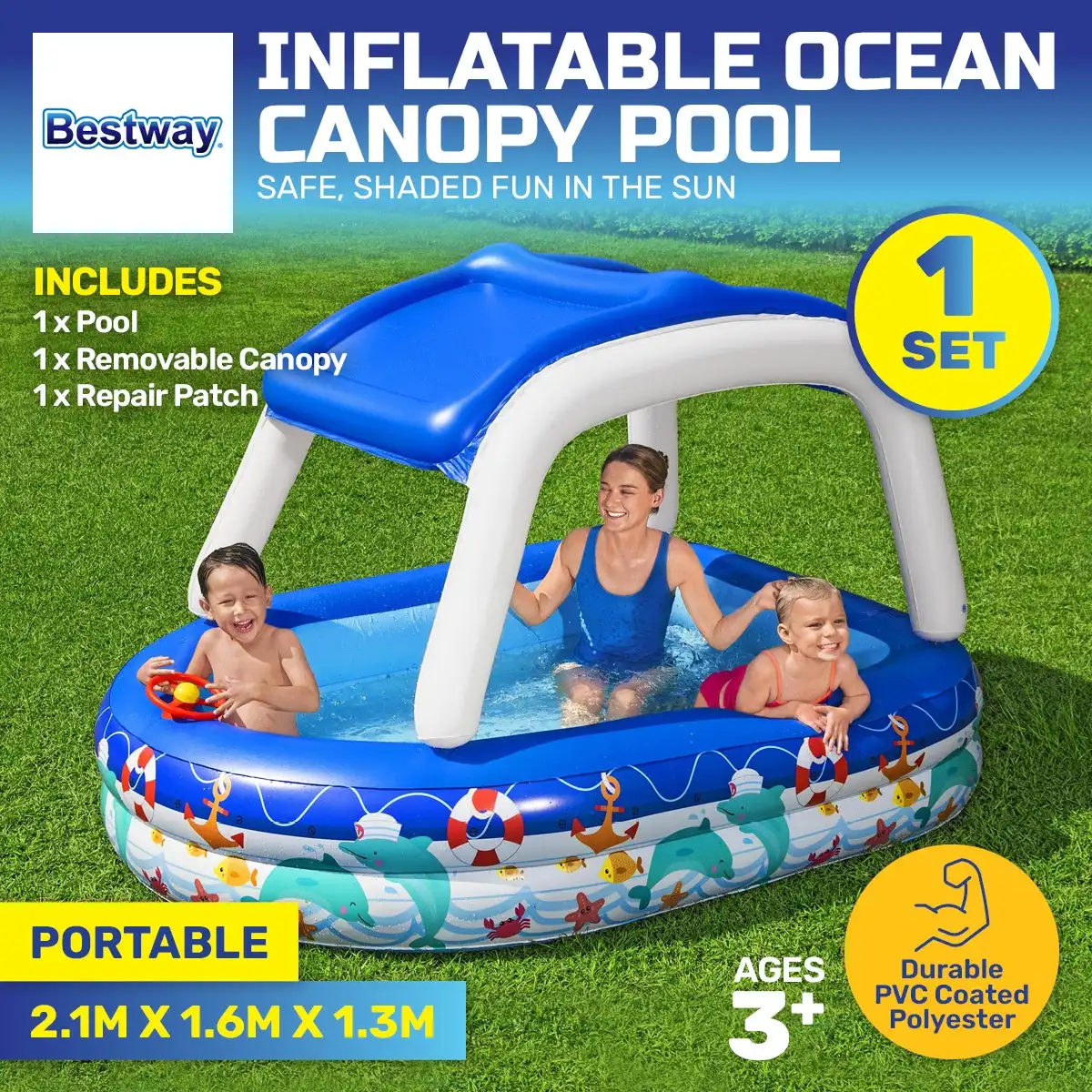 Bestway® Inflatable Pool Removable Canopy Boat Design Ocean Themed 282L