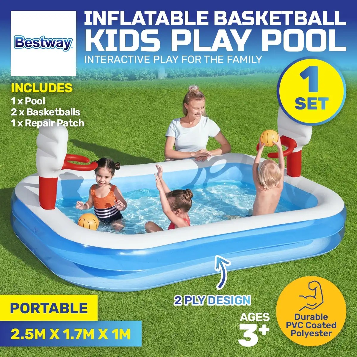 Bestway® Inflatable Kids Basketball Pool Built-In Hoops Balls Included 636L