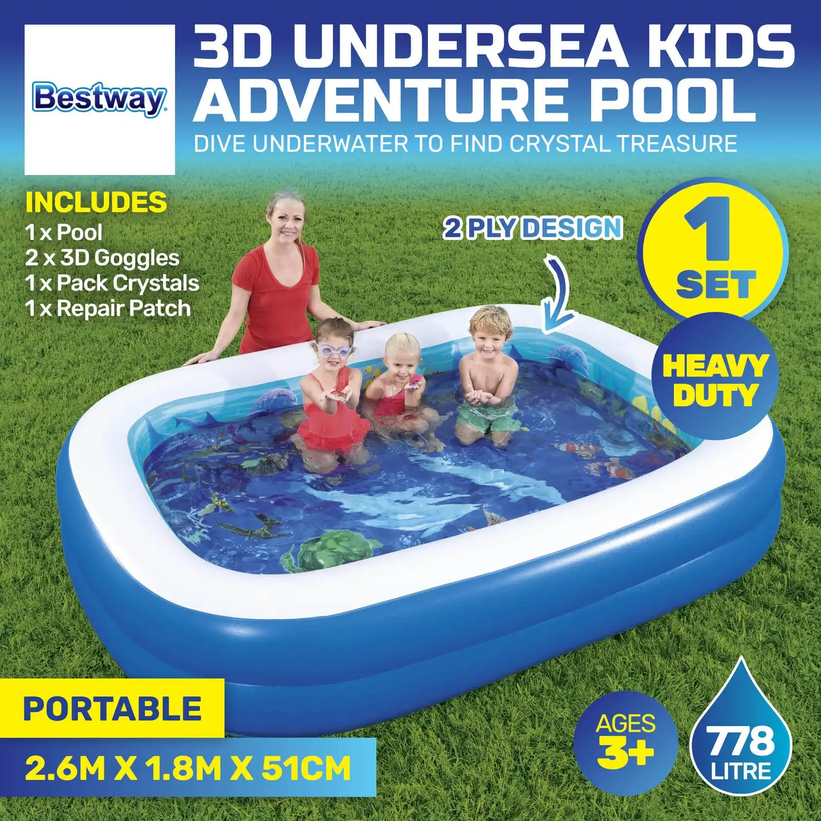 Bestway® Inflatable Kids Pool 3D Undersea Adventure 3D Goggles Included 778L