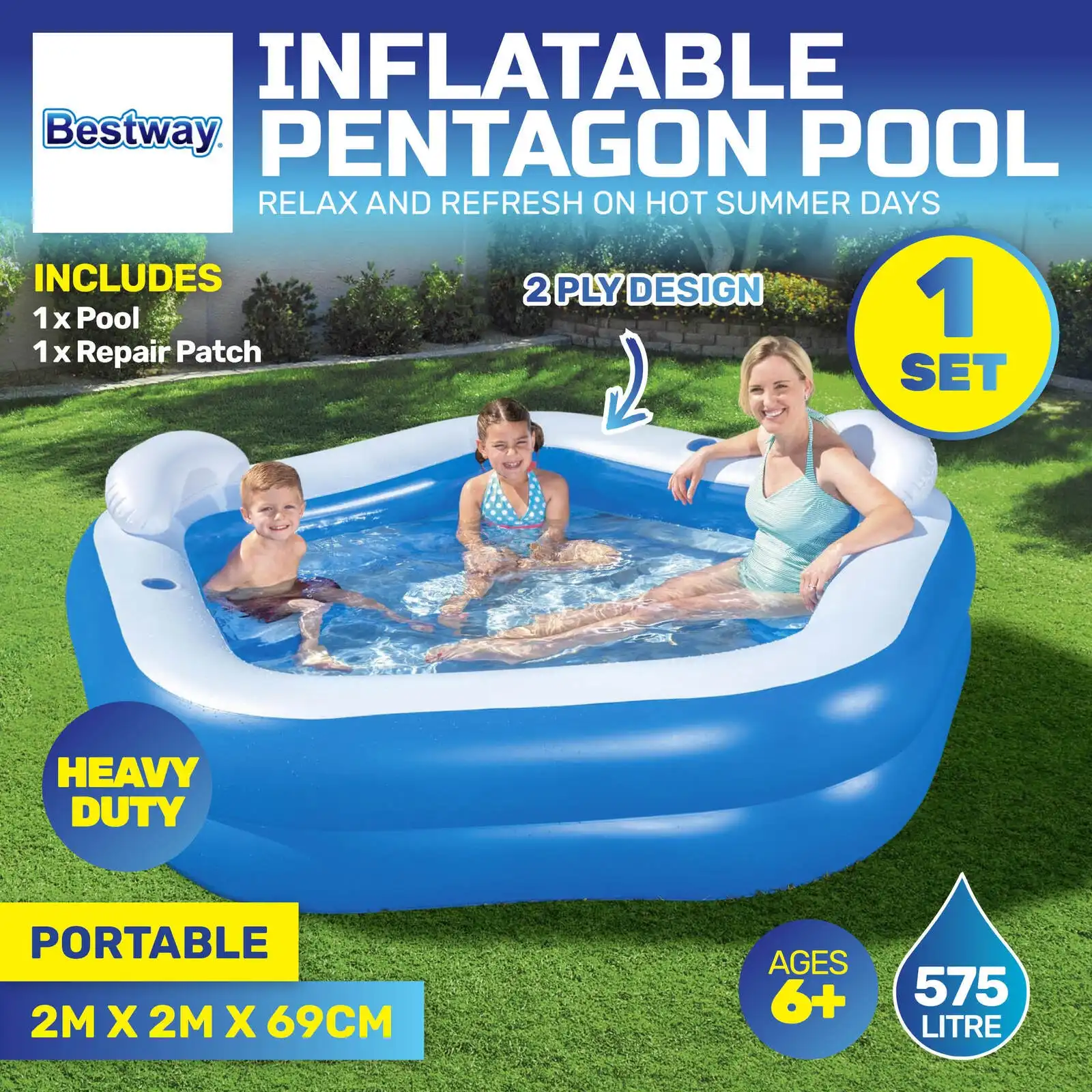 Bestway® Inflatable Pentagon Shaped Pool Fitted With Headrests & Seats 575L