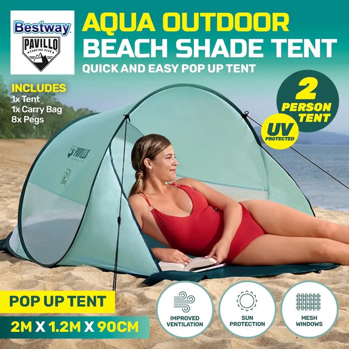 Bestway® 2m x 1.2m Beach Tent 2 Person UV Protected Pegs & Carry Bag Included