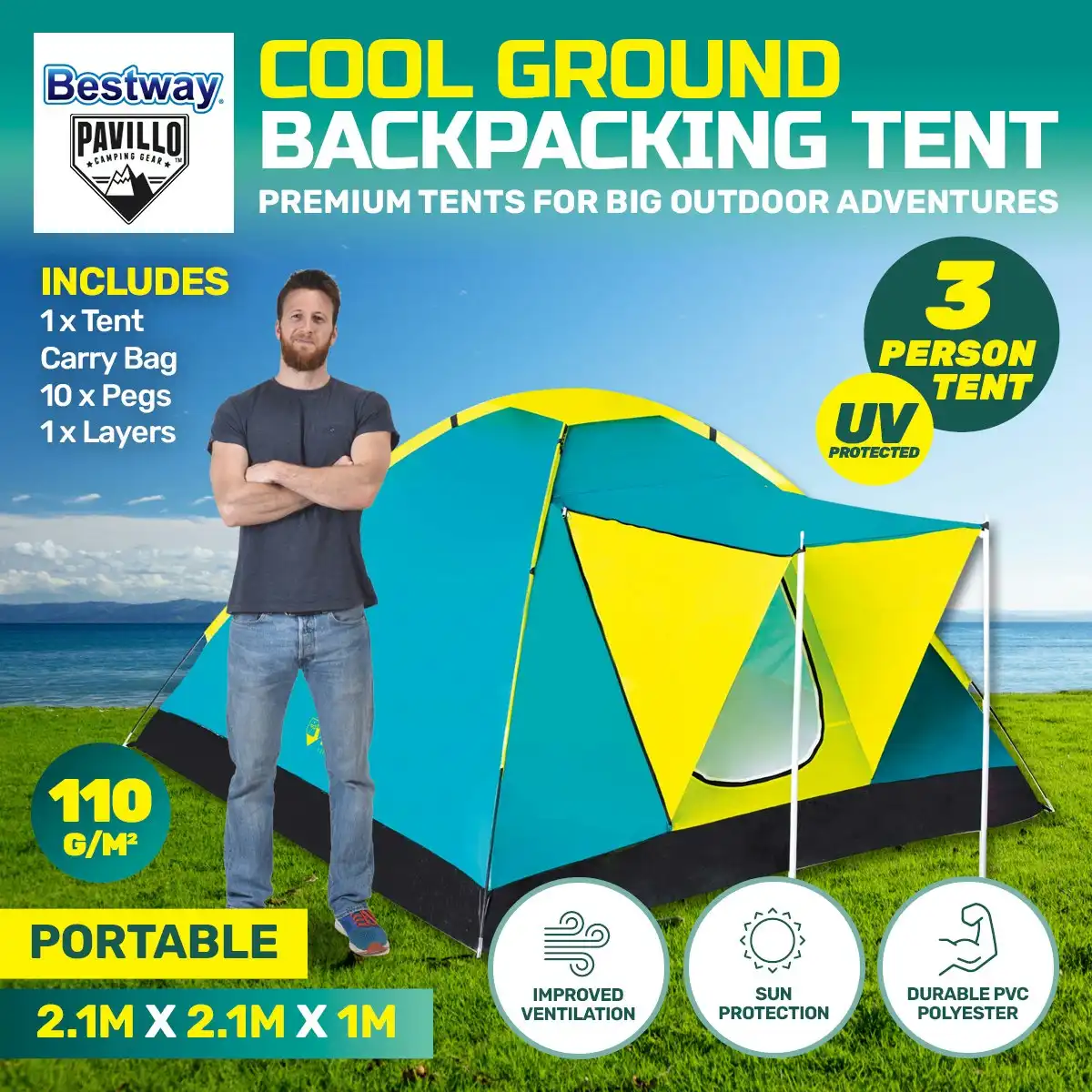 Bestway 2.1m x 2.1m Tent 3 Person UV Protected Double Layered Carry Bag Pegs
