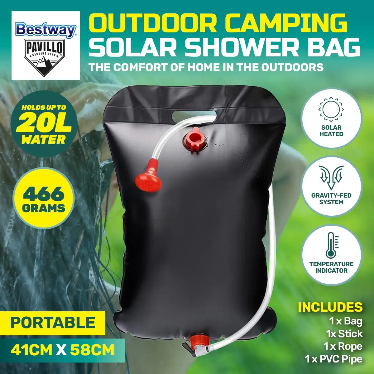 Bestway® 20 Litre Camping Shower Bag Solar Heated Temperature Indicator