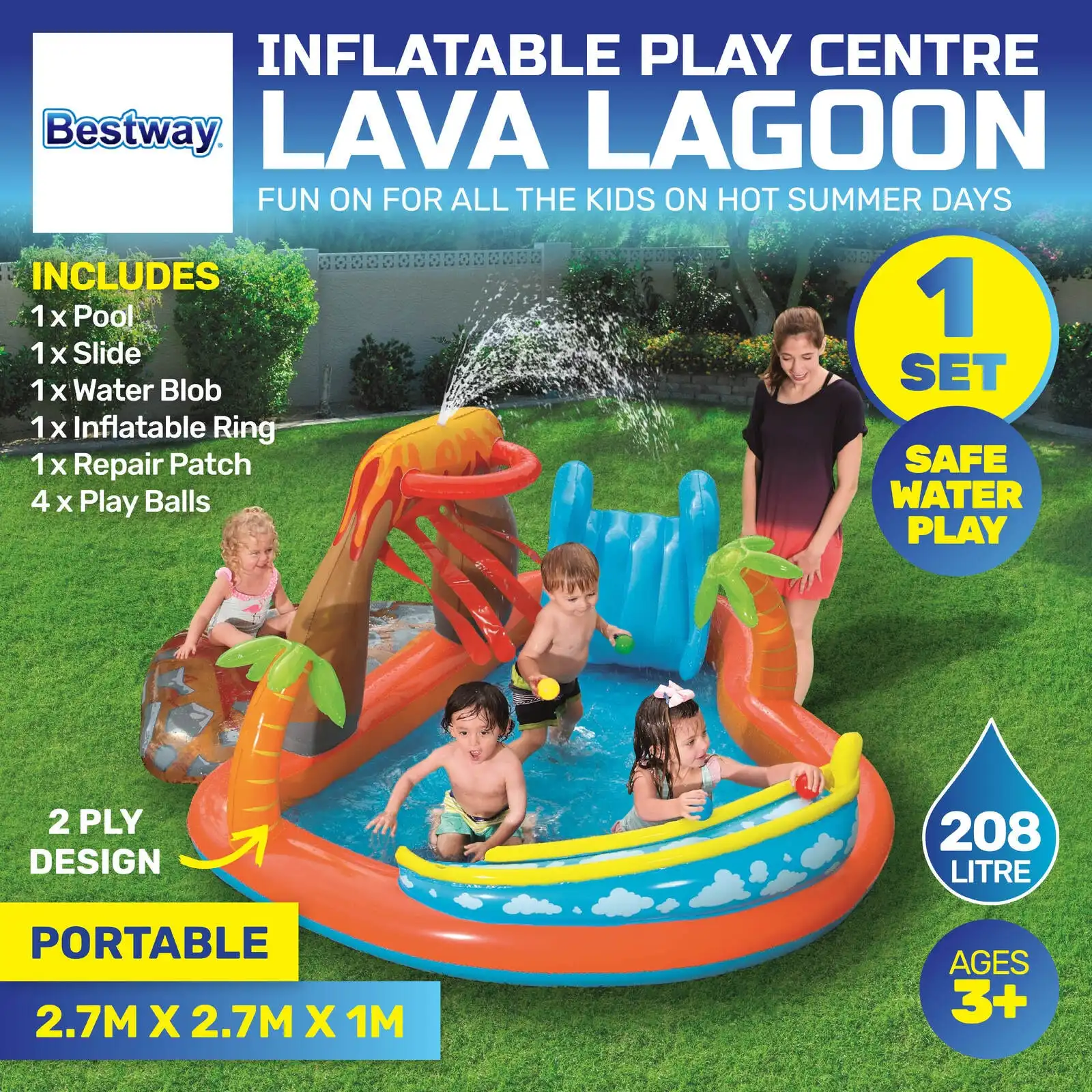 Bestway® 2.7m x 1m Inflatable Lava Lagoon Water Fun Park Pool With Slide 208L