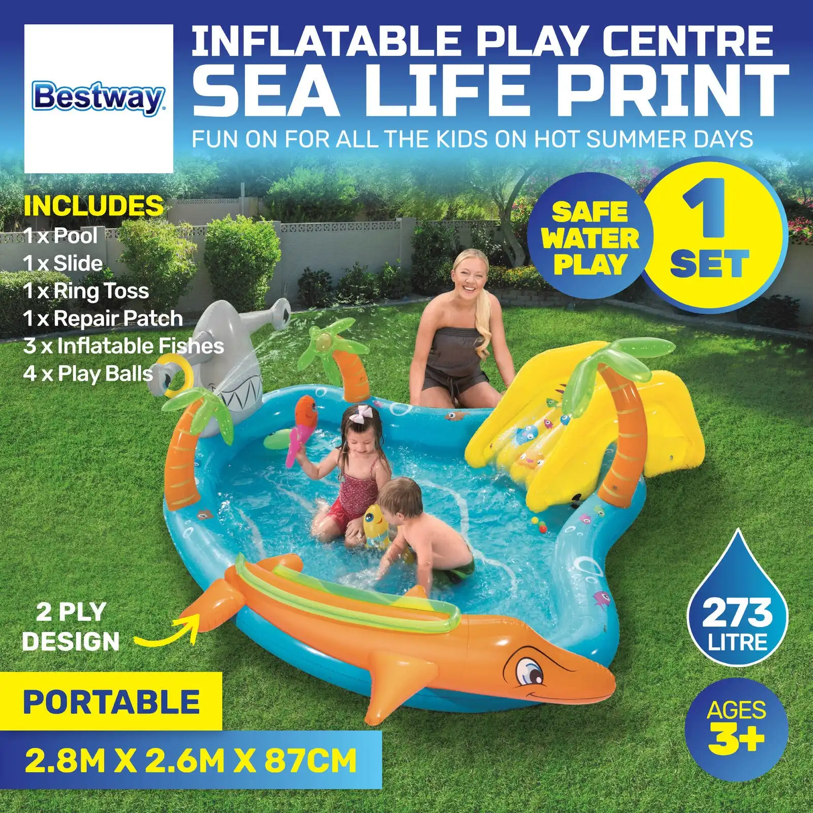 Bestway® 2.8m x 87cm Inflatable Sea Life Water Fun Park Pool With Slide 273L