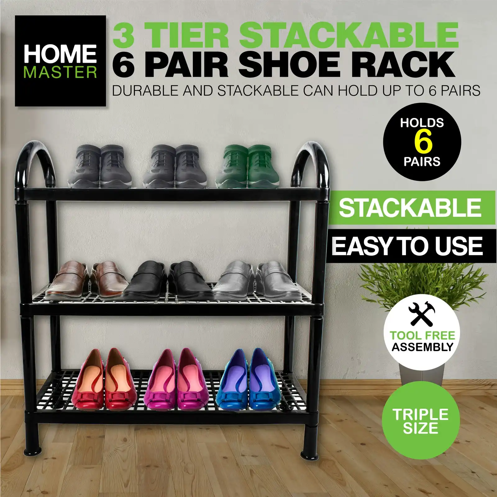 Home Master 3 Tier Shoe Rack Stackable Portable Non-Slip Rubber Feet Compact