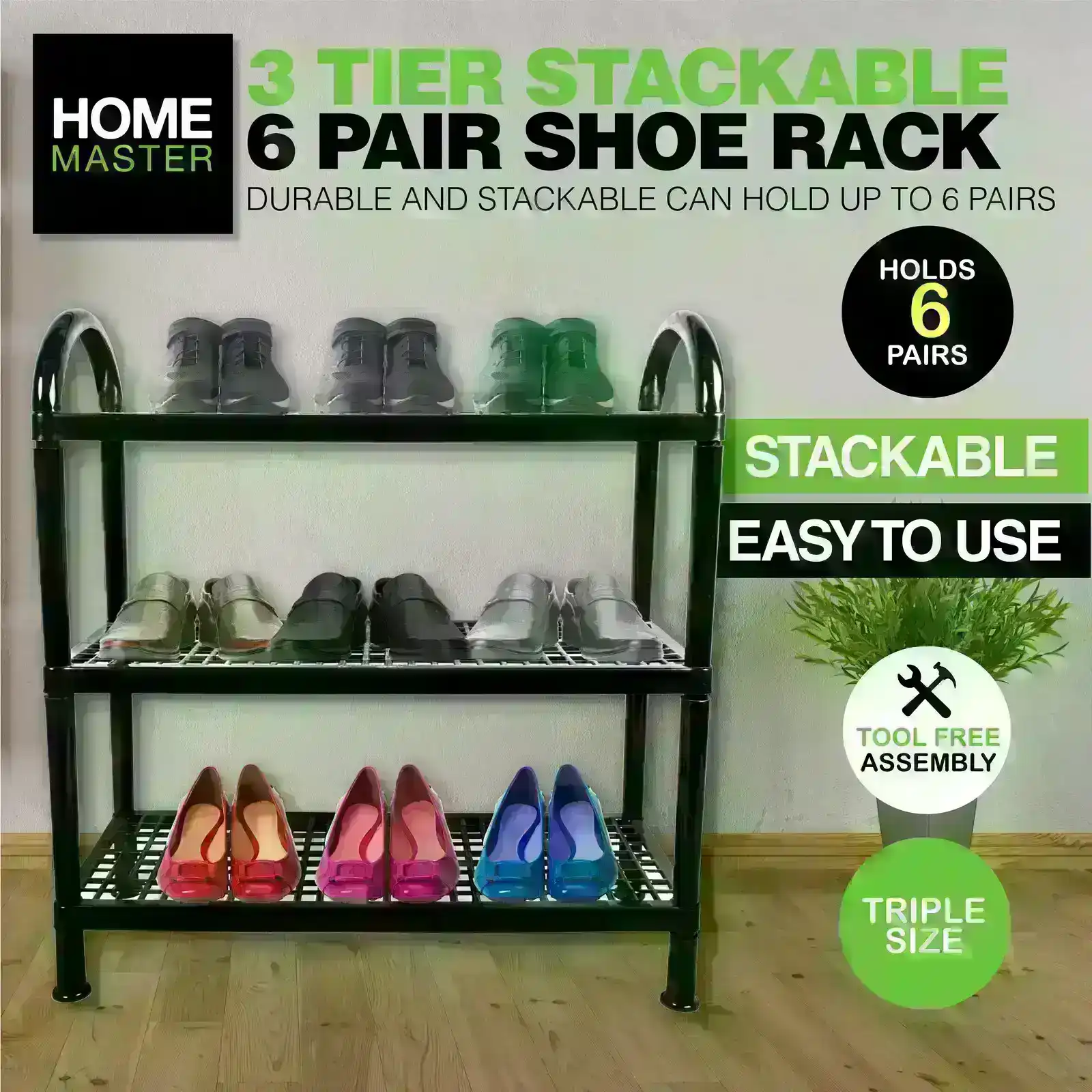 Home Master® 3 Tier Shoe Rack Stackable Portable Non-Slip Rubber Feet Compact