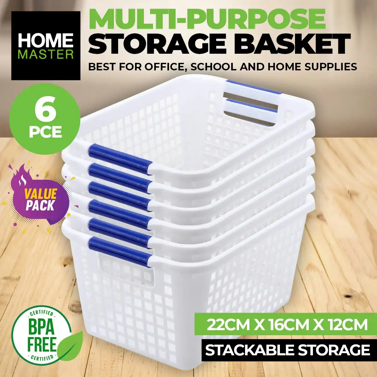 Home Master 6PCE Storage Baskets Multi Purpose Space Saving 22cm