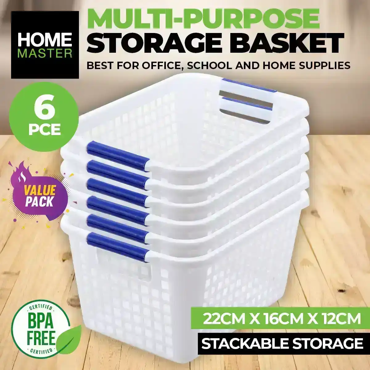 Home Master® 6PCE Storage Baskets Multi Purpose Space Saving 22cm