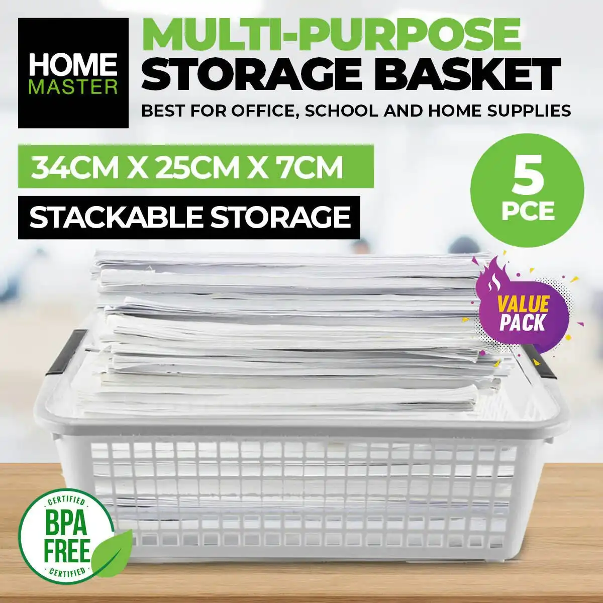Home Master 5PCE Storage Baskets Multi Purpose Space Saving 25 x 34 x 7cm