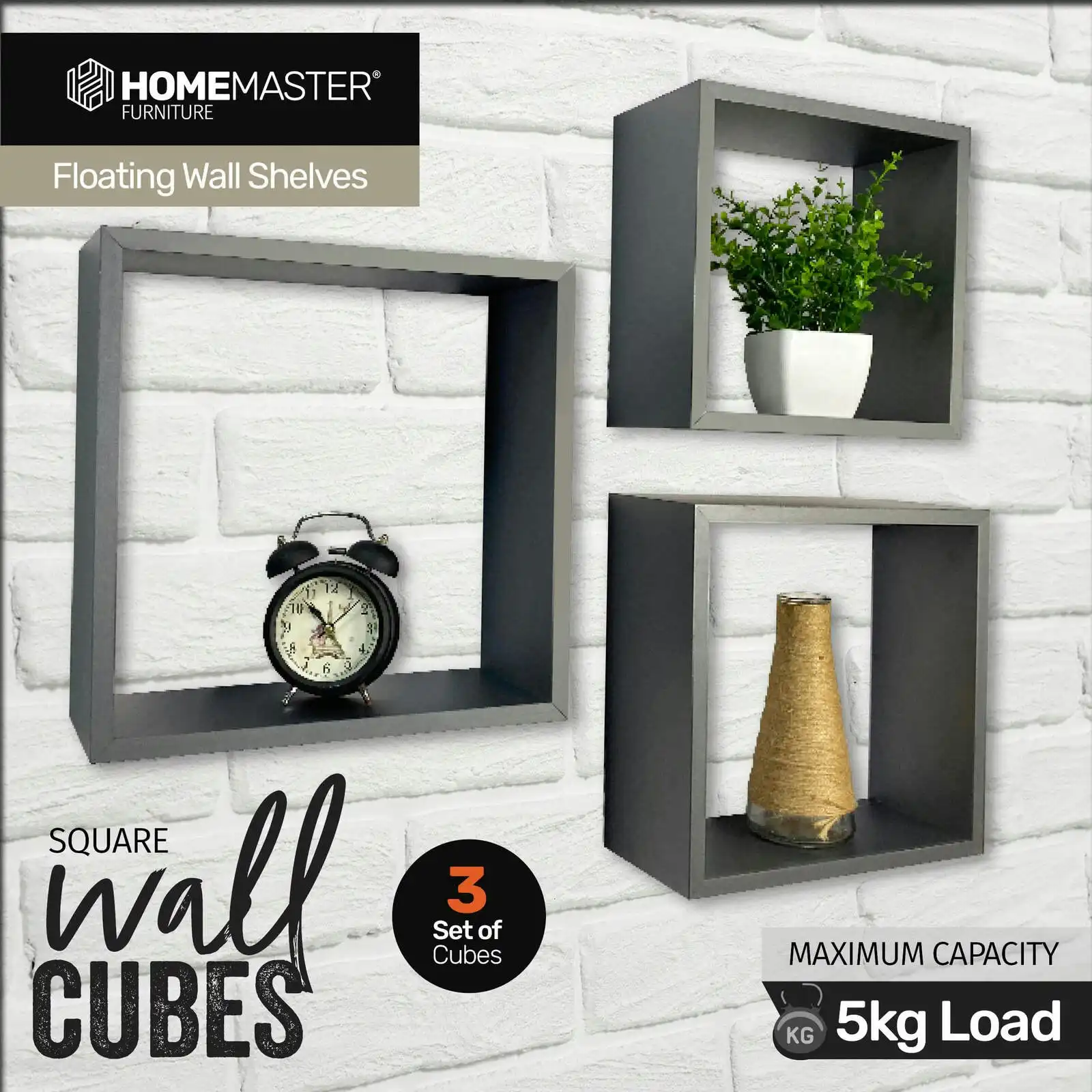 Home Master 3PCE Floating Cube Shelving Grey Finish Contemporary Design