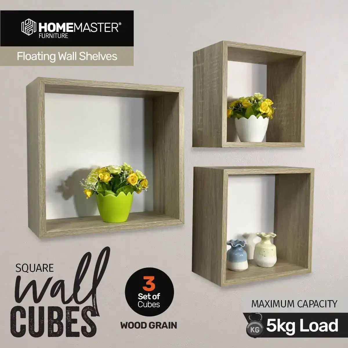 Home Master® 3PCE Floating Cube Shelving Sonoma Finish Contemporary Design