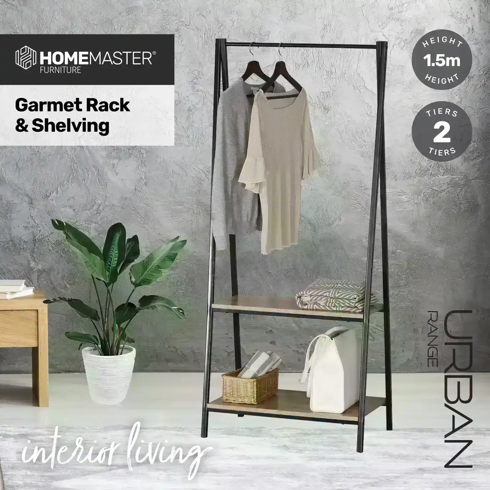 Home Master® Garment Rack & Shelving 2 Tier Sleek Stylish Modern Design 1.5m