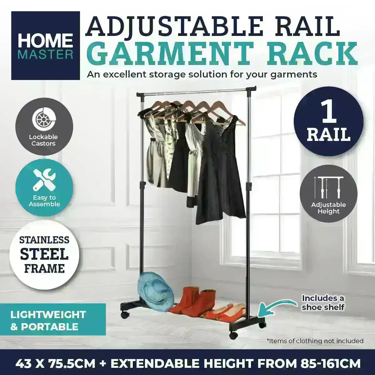 Home Master® Adjustable Height Garment Rack With Shoe Rack Lockable Castors
