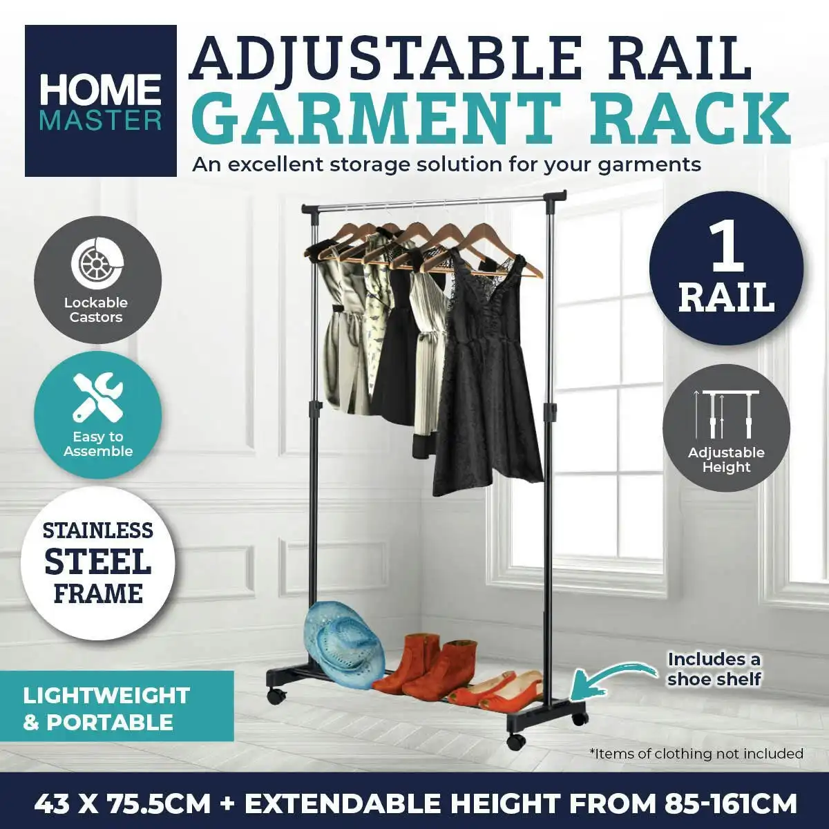 Home Master Adjustable Height Garment Rack With Shoe Rack Lockable Castors
