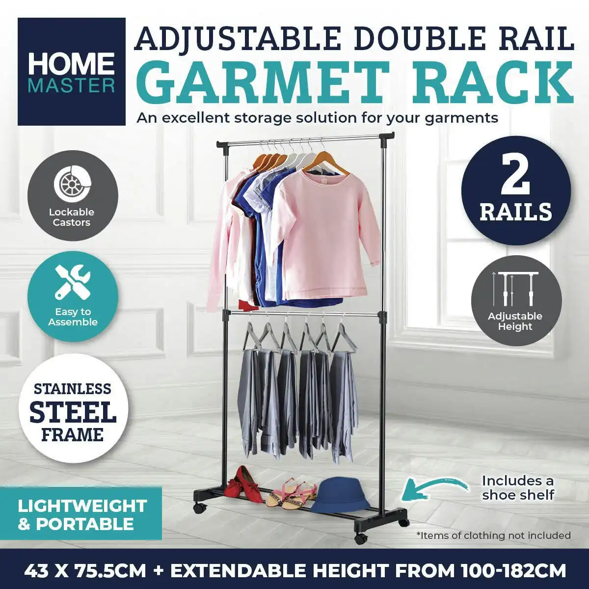 Home Master Adjustable Height Double Rail Garment Rack With Shoe Shelf