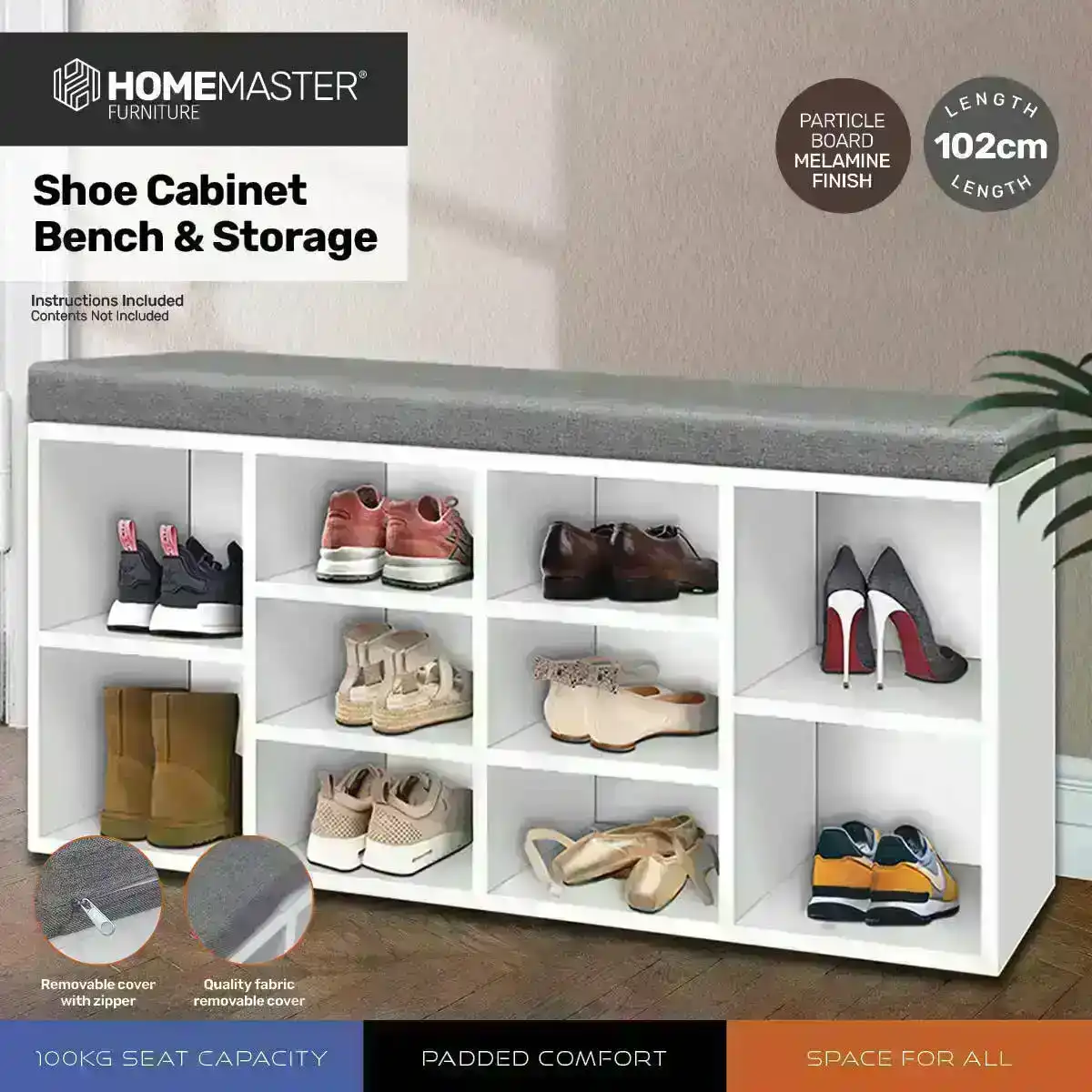 Home Master® 2-In-1 Storage/Shoe Cabinet With Padded Cushion Bench 102cm