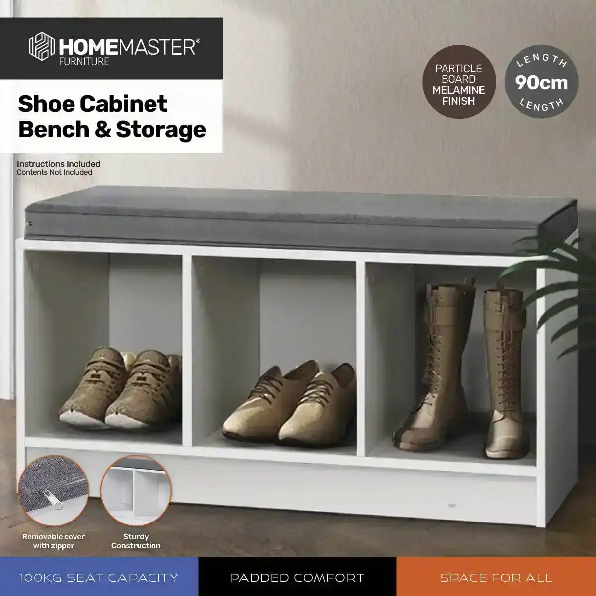 Home Master® Storage/Shoe Bench With Padded Cushion Seating 90cm