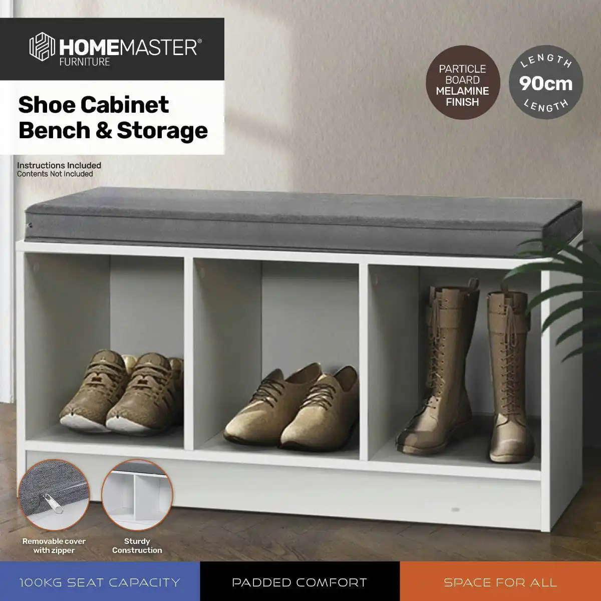 Home Master Storage/Shoe Bench With Padded Cushion Seating 90cm