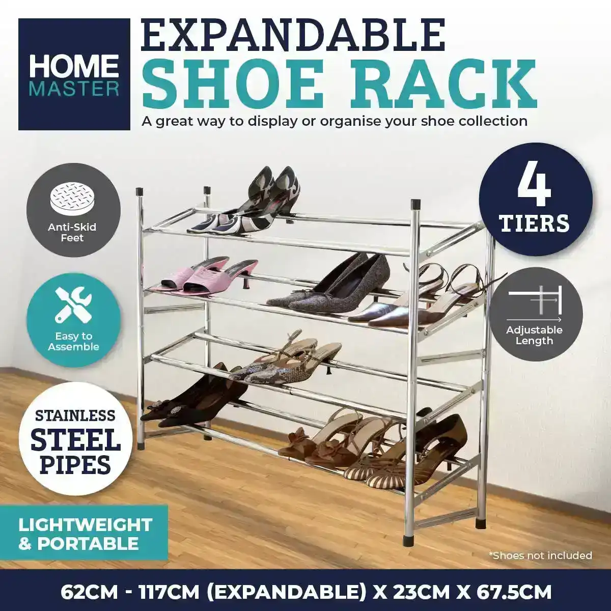 Home Master® 4 Tier Shoe Rack Extendable Stainless Steel Structure 62cm-117cm