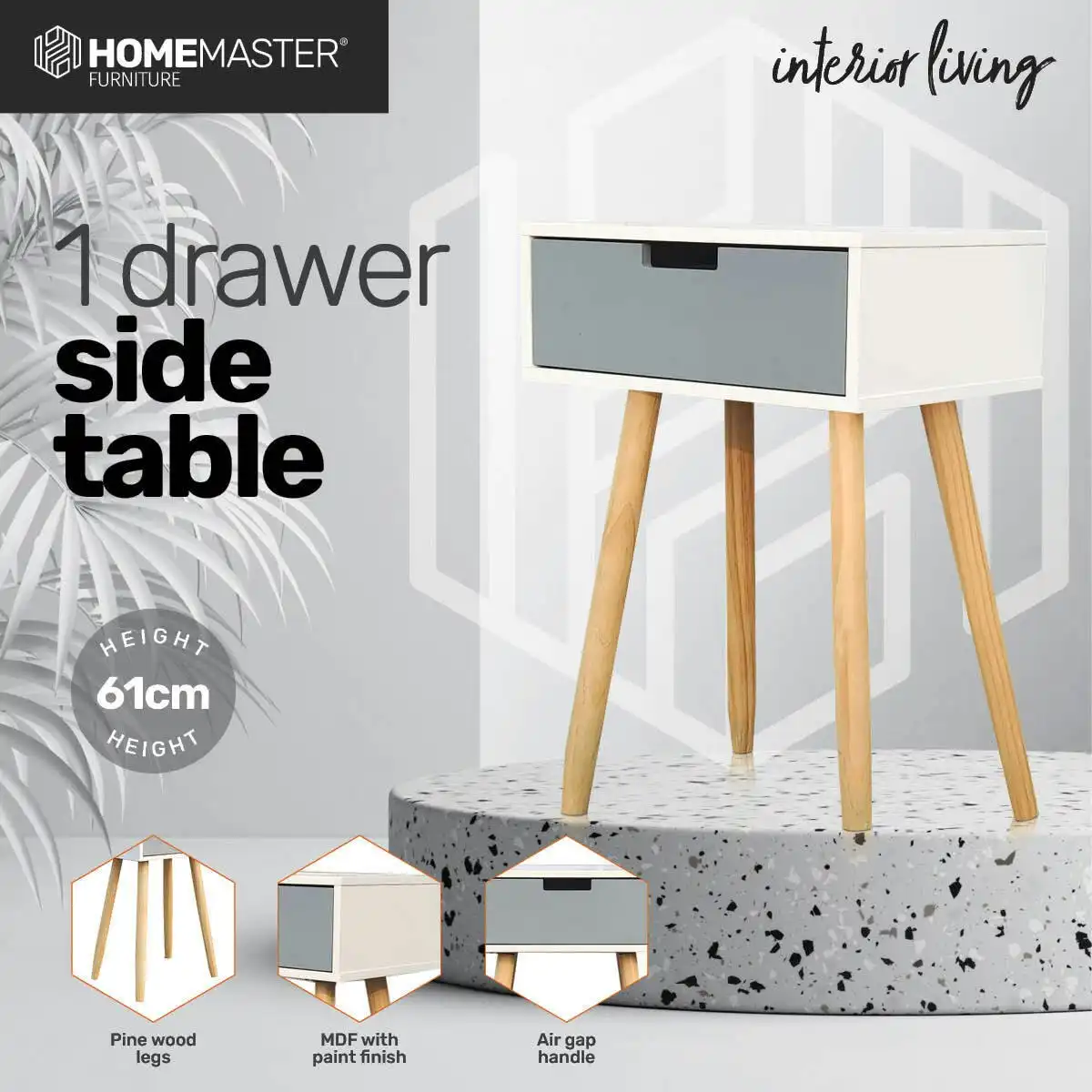 Home Master 1 Drawer Side Table Modern Sleek & Stylish Neutral Design 61cm