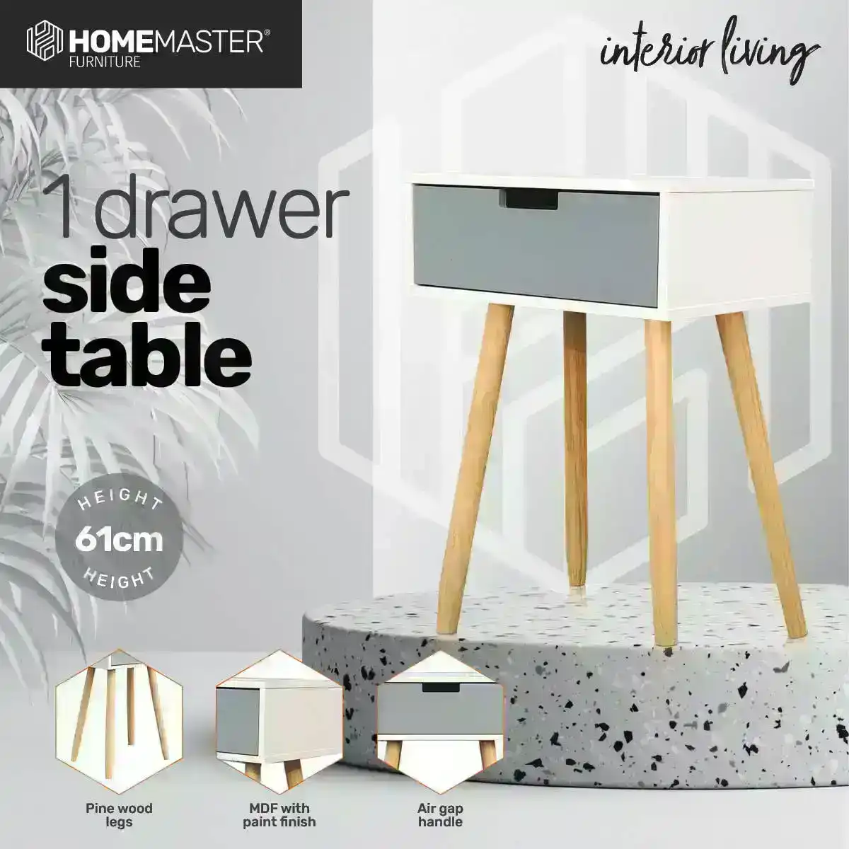 Home Master® 1 Drawer Side Table Modern Sleek & Stylish Neutral Design 61cm