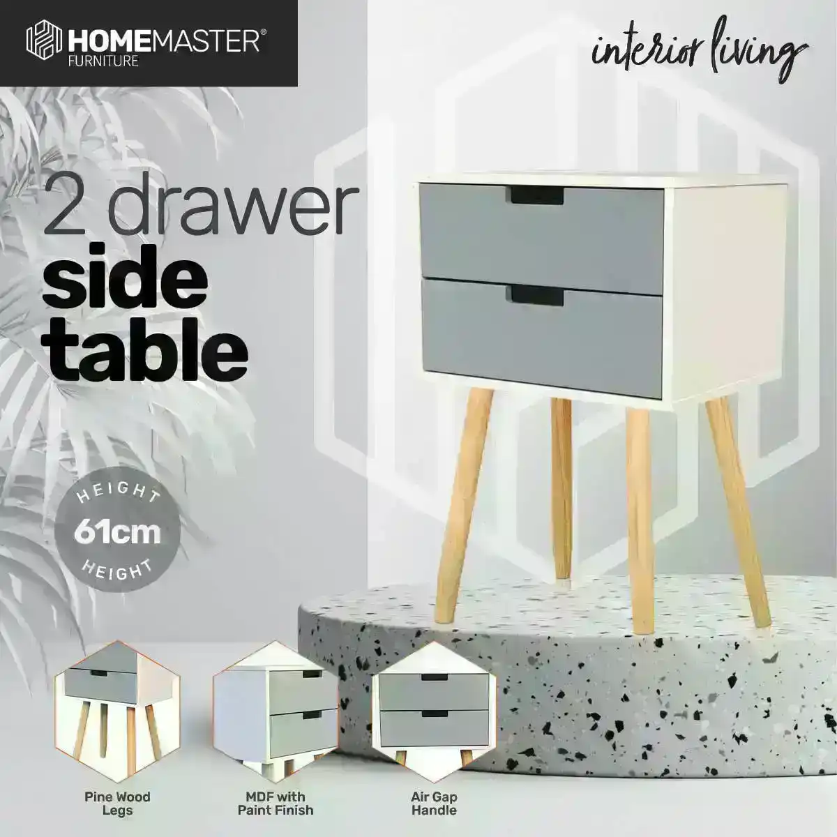 Home Master® 2 Drawer Side Table Modern Sleek & Stylish Neutral Design 61cm