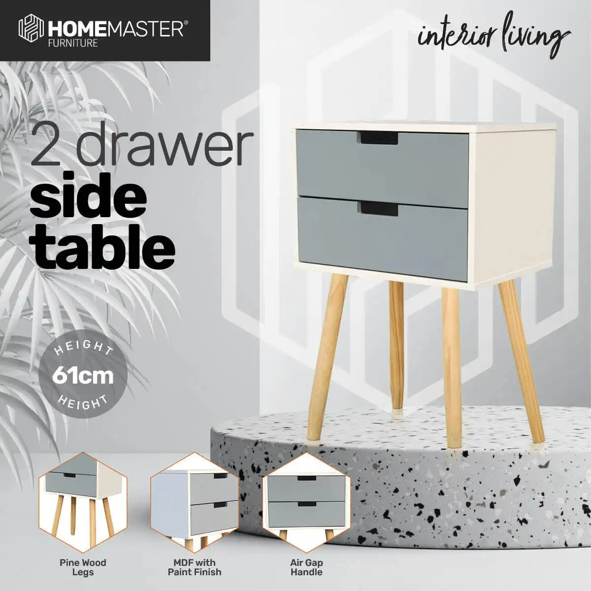 Home Master 2 Drawer Side Table Modern Sleek & Stylish Neutral Design 61cm