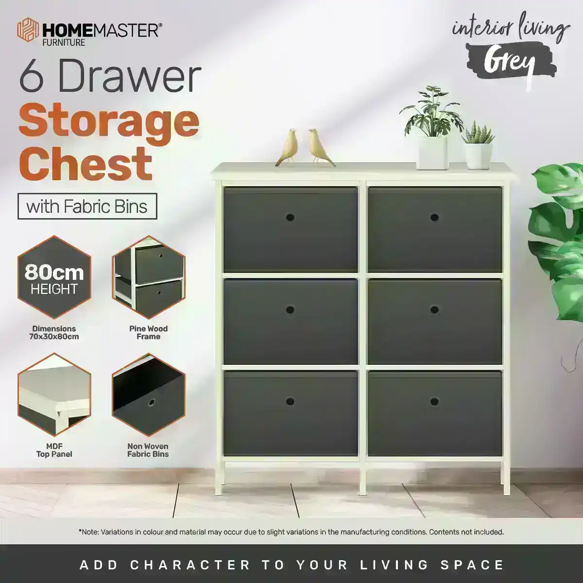 Home Master® 6 Drawer Pine Wood Storage Chest Grey Fabric Baskets 70 x 80cm