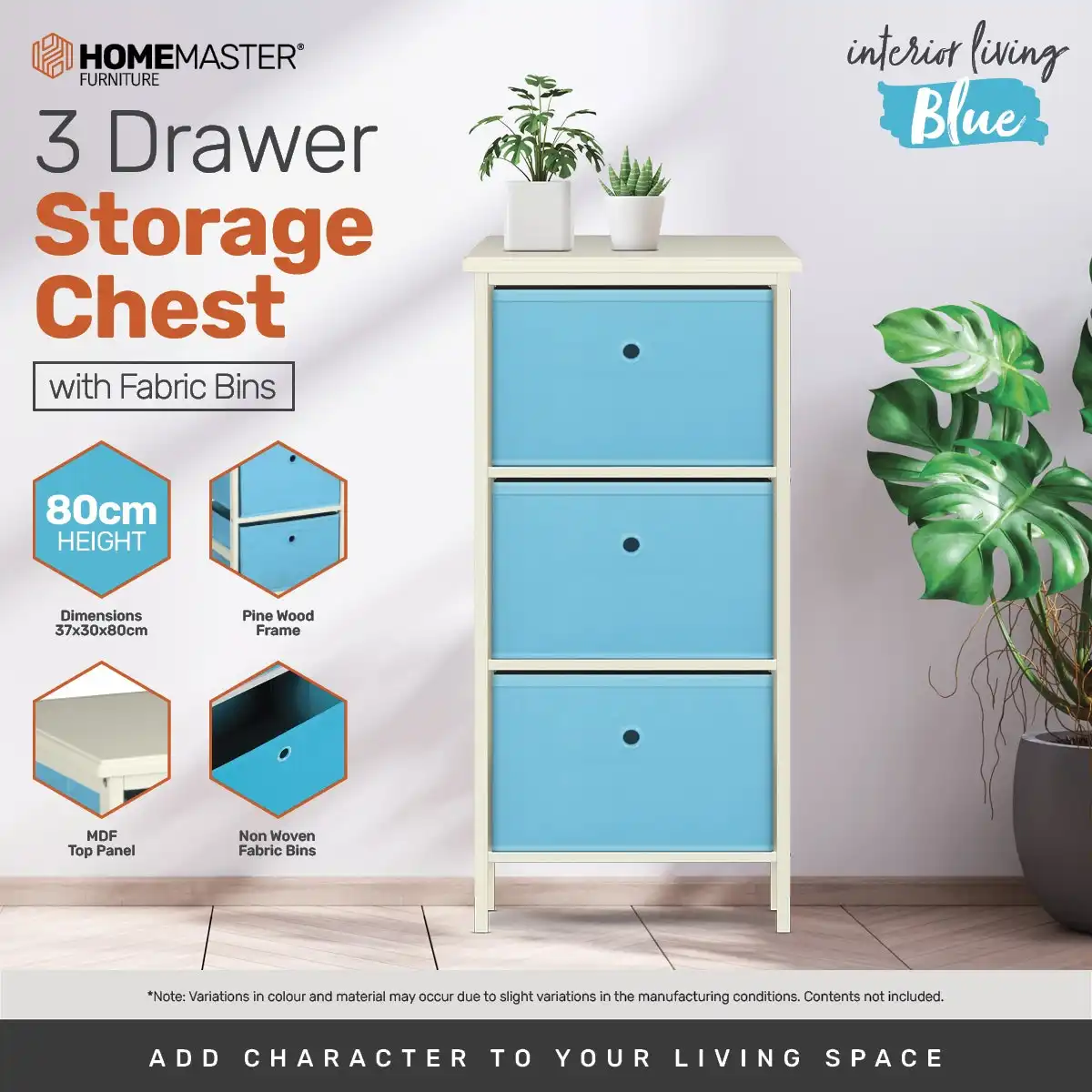 Home Master® 3 Drawer Pine Wood Storage Chest Sky Blue Fabric Baskets 37 x 80cm