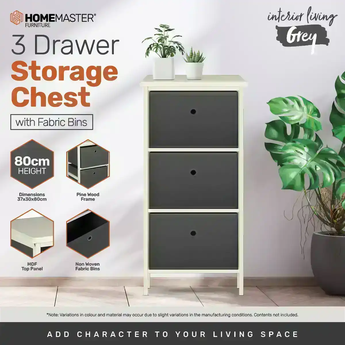 Home Master® 3 Drawer Pine Wood Storage Chest Grey Fabric Baskets 37 x 80cm