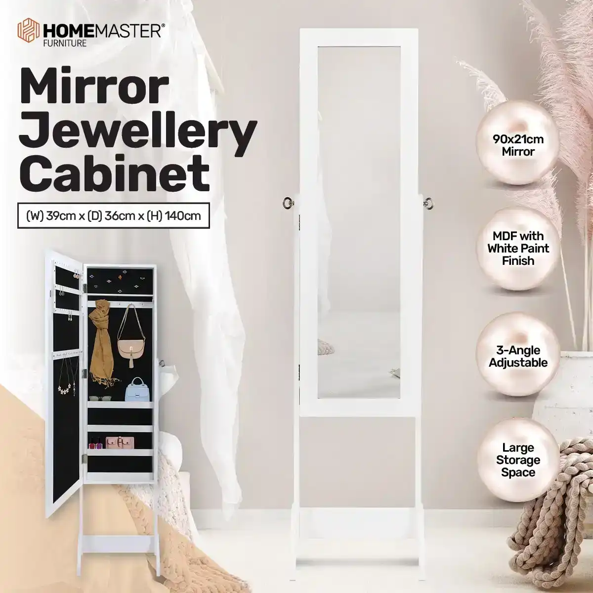 Home Master® 140cm Full Length Mirror Jewellery Cabinet Adjustable Angle