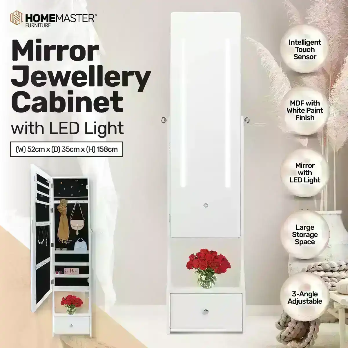 Home Master® 158cm Mirror Jewellery Cabinet LED Lighting & Adjustable Angling