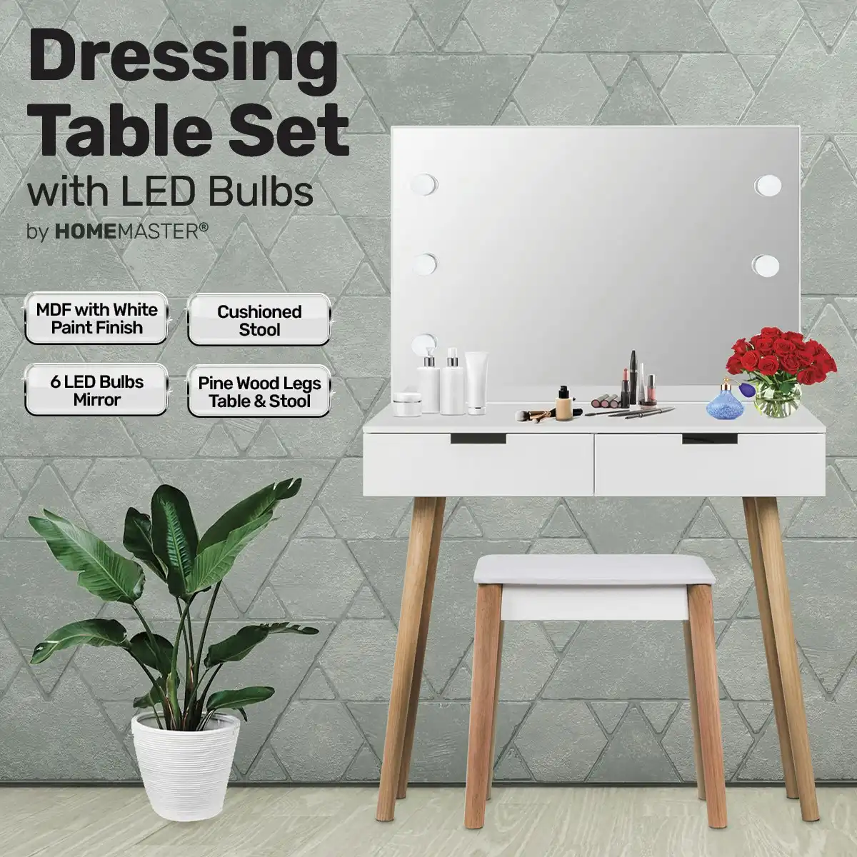 Home Master Dressing Table Set & Stool LED Bulb Vanity Mirror Stylish Design