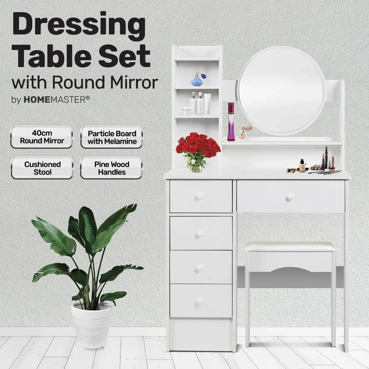 Home Master Dressing Table Set With Stool Round Vanity Mirror Stylish Design