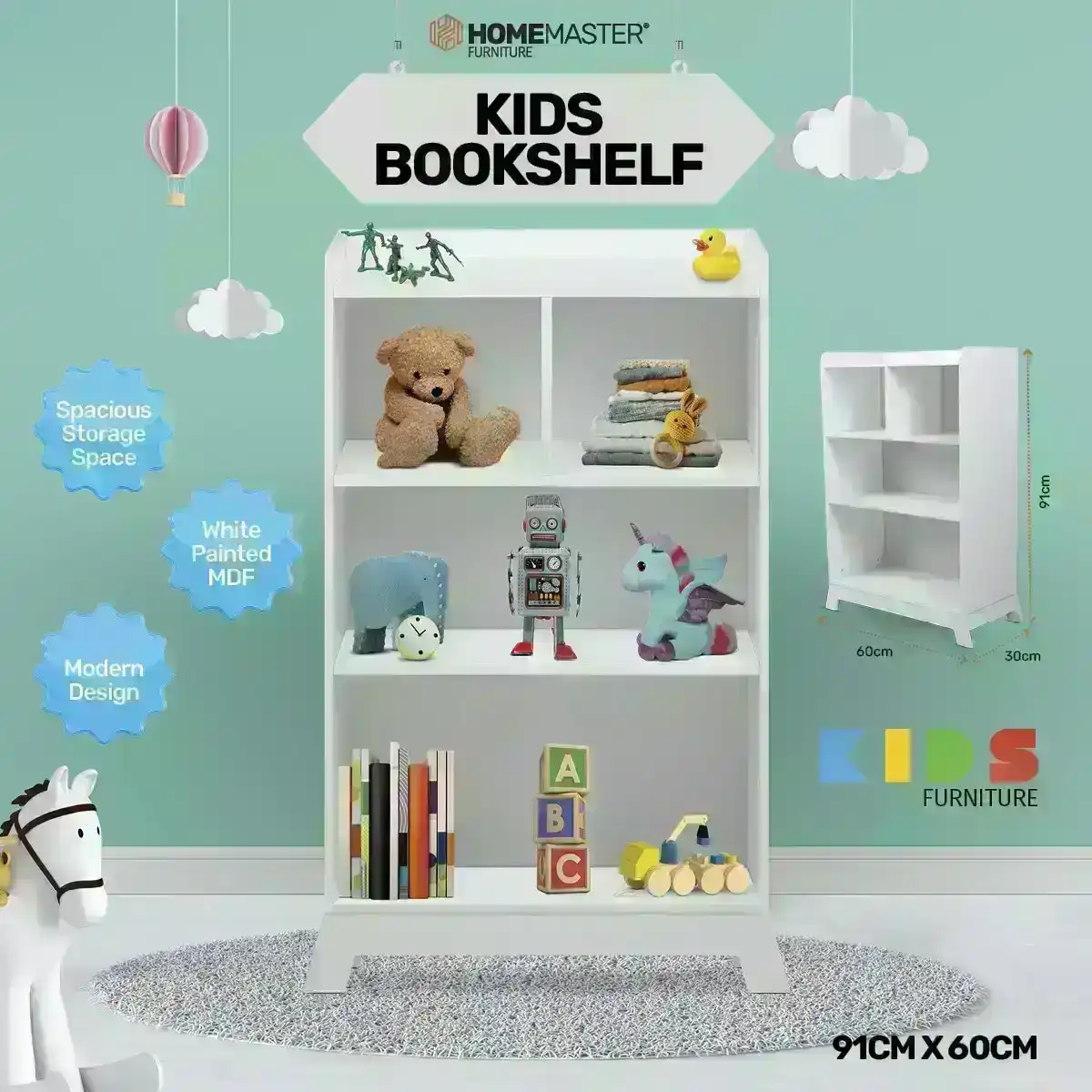Home Master® Kids White Bookshelf Spacious Shelving Stylish Design 91 x 60cm