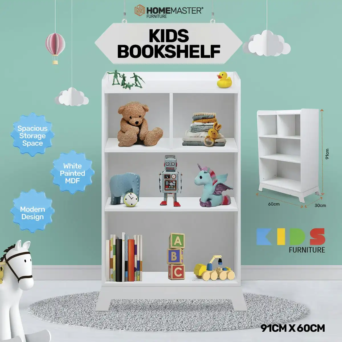 Home Master Kids White Bookshelf Spacious Shelving Stylish Design 91 x 60cm