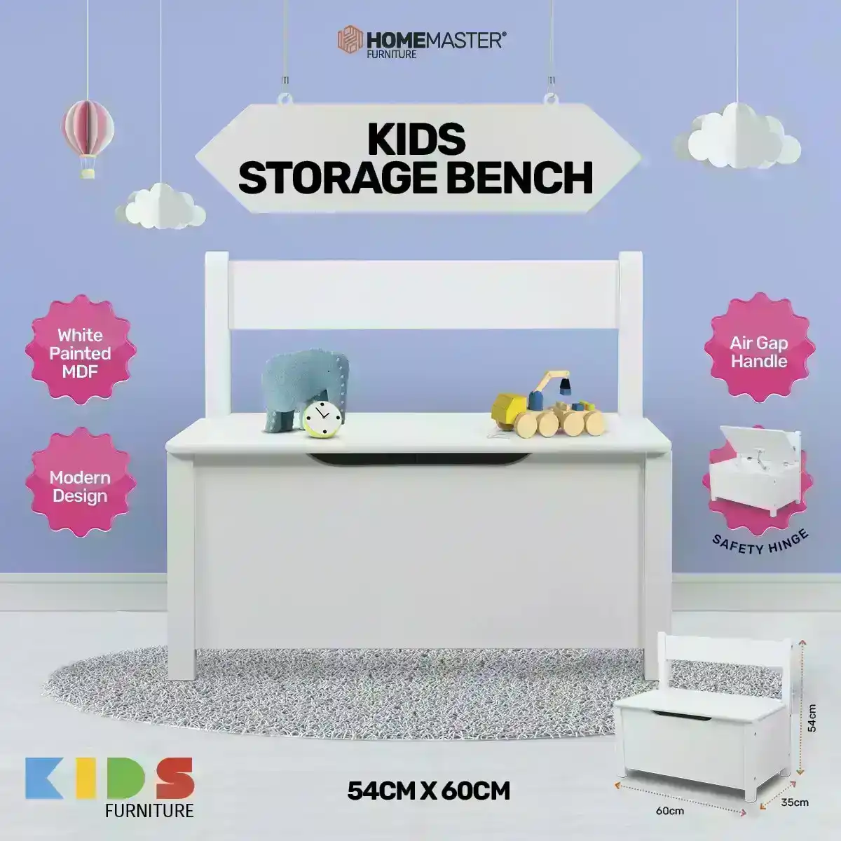 Home Master® Kids White Storage Bench Safety Hinge Stylish Design 60 x 54cm