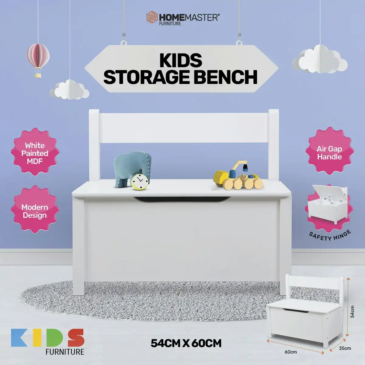 Home Master Kids White Storage Bench Safety Hinge Stylish Design 60 x 54cm