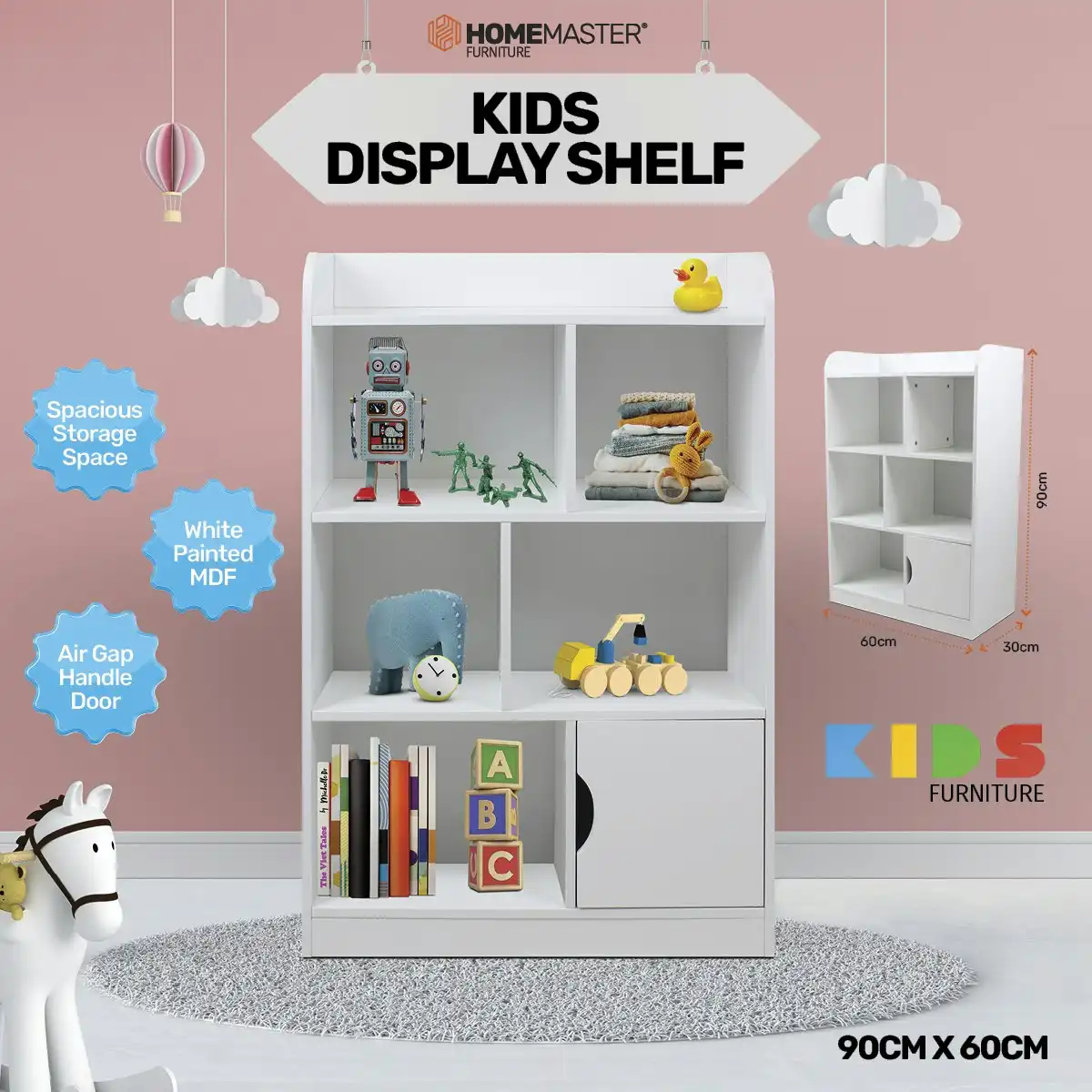 Home Master Kids White Display Shelf Spacious Stylish Design 90 x 60cm