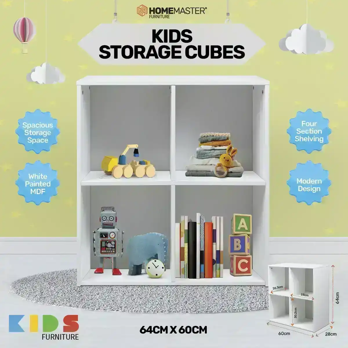 Home Master® Kids 4 Section Storage Cubes Spacious Stylish Design 60 x 64cm